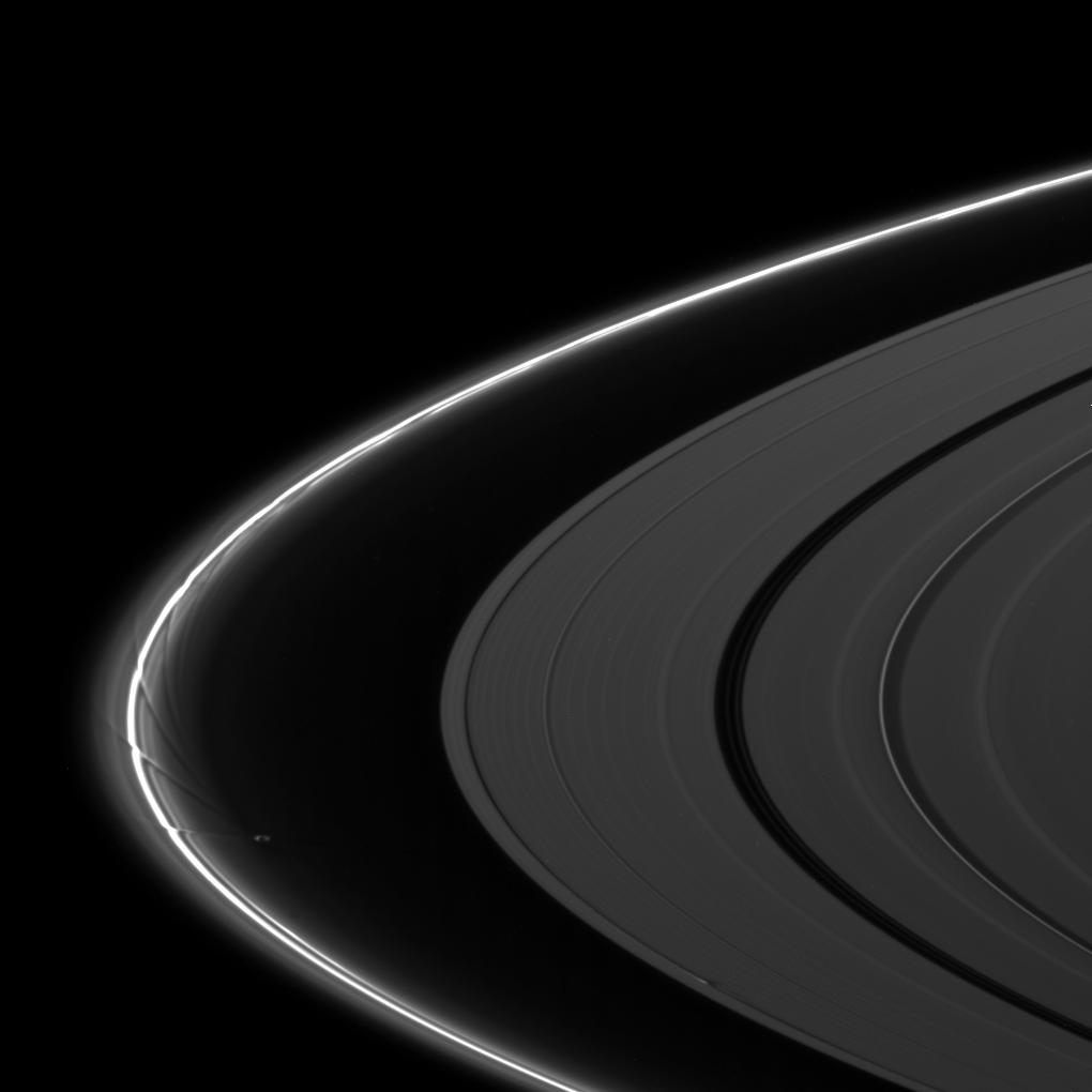 The moon Prometheus creates an intricate pattern of perturbation in Saturn's F ring while the moon Daphnis disturbs the A ring