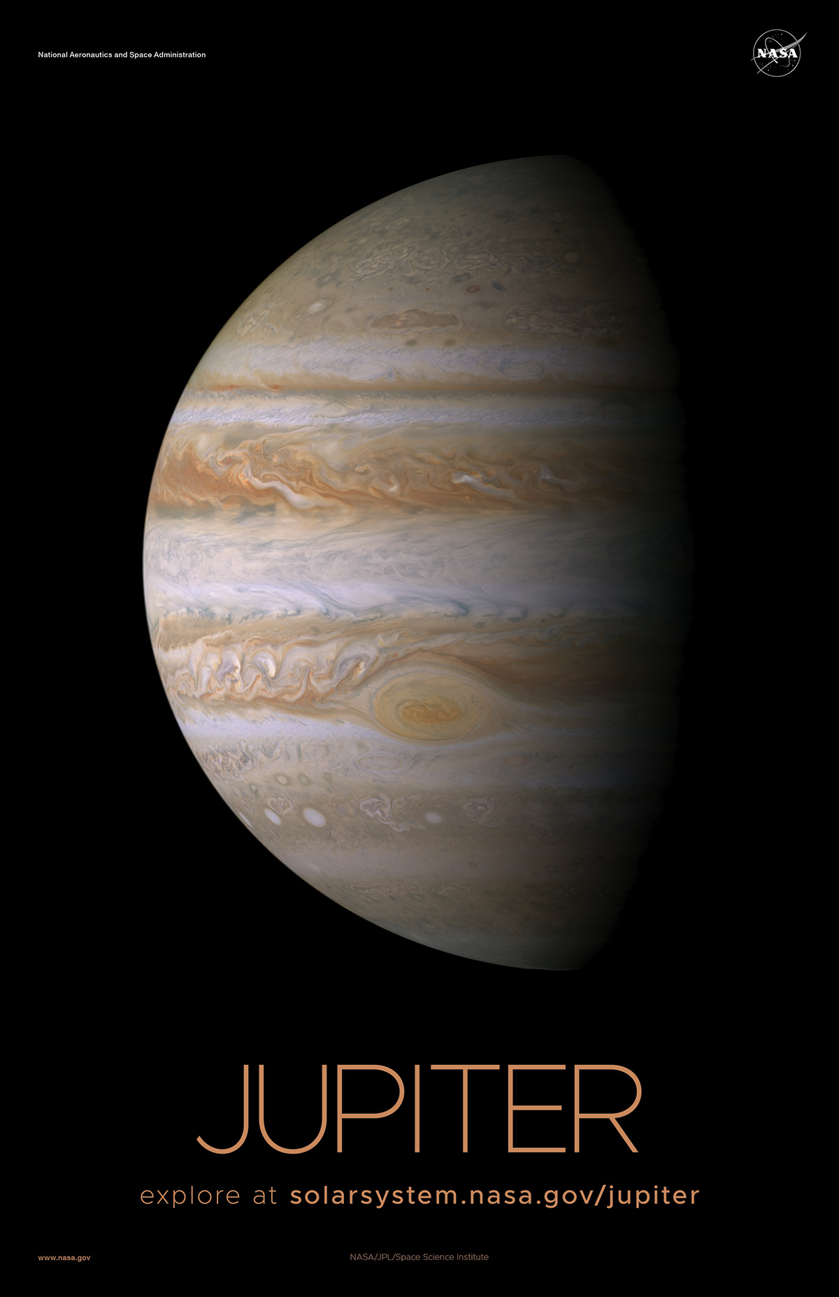 Jupiter with one hemisphere partially illuminated by the Sun.