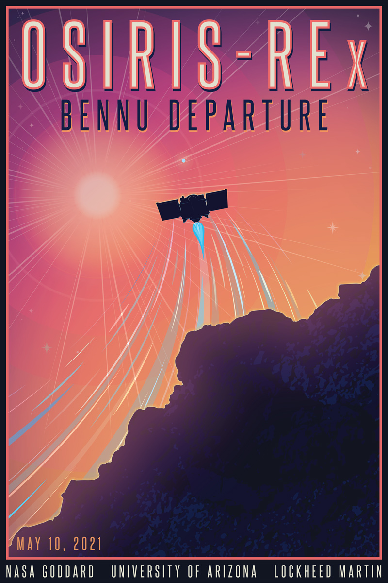 illustrated poster of the spacecraft OSIRIS-REx departing the asteroid Bennu