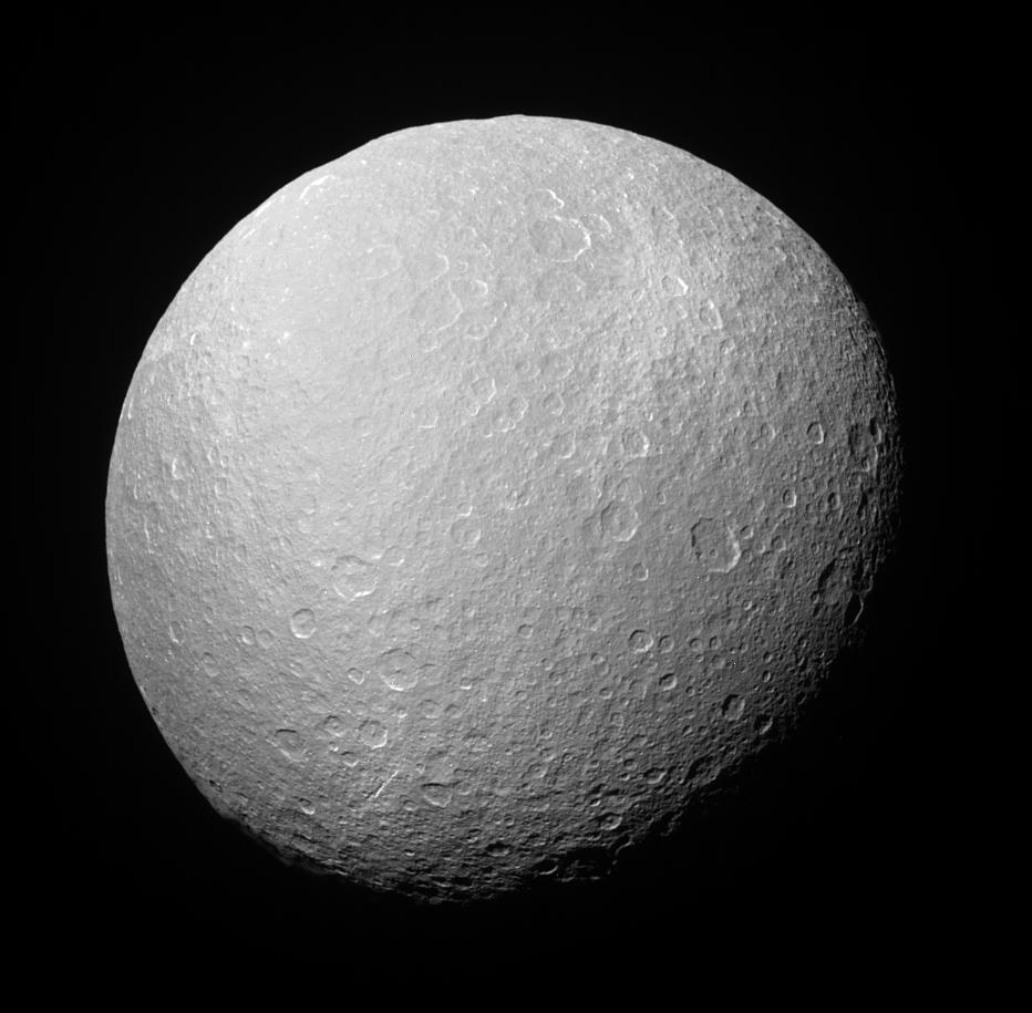 An image of Rhea's icy surface