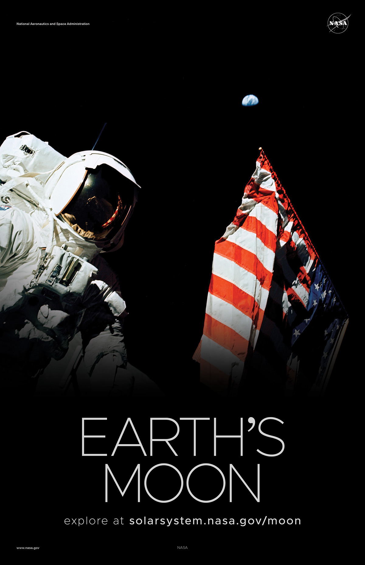 Astronaut and American flag on the Moon with Earth in the sky above.