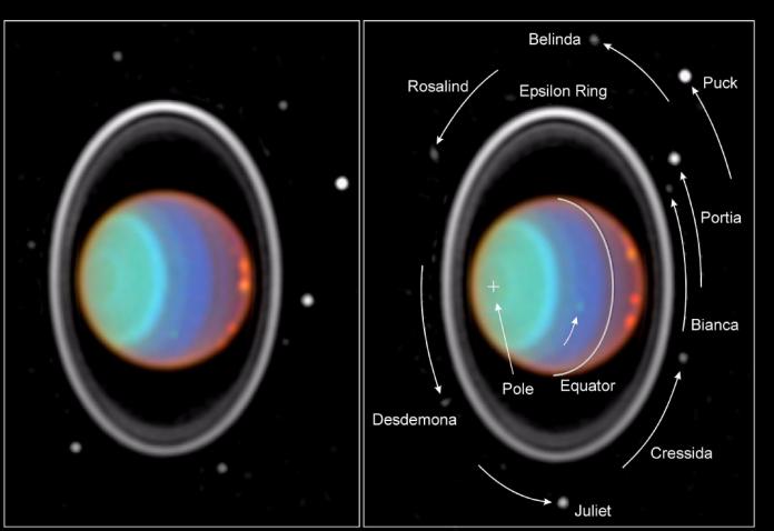 Taking its first peek at Uranus, NASA Hubble Space Telescope's Near Infrared Camera and Multi-Object Spectrometer (NICMOS) has detected six distinct clouds in images taken July 28, 1997.


