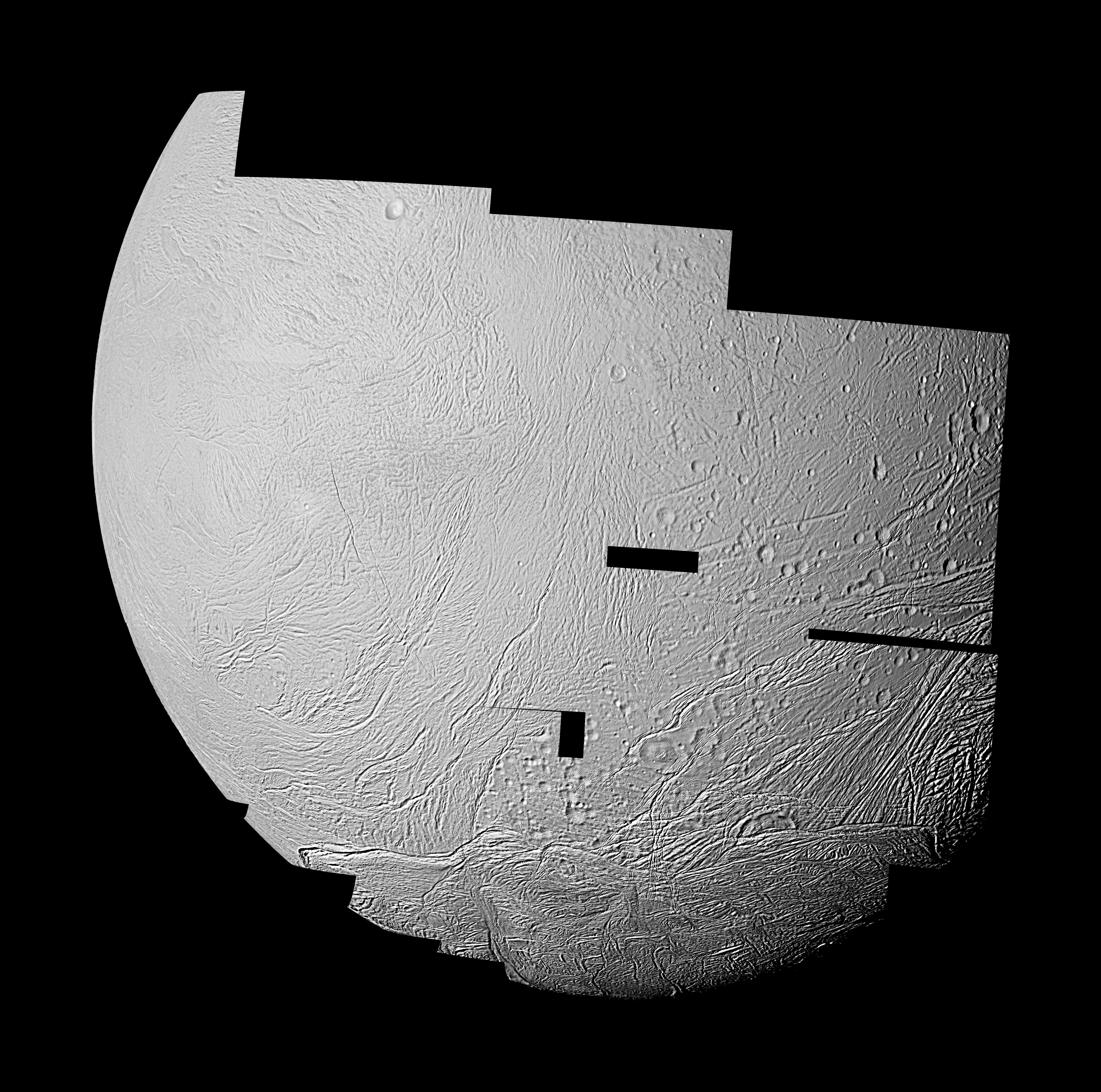 This mosaic features the highest resolution data yet captured by NASA’s Cassini spacecraft of the leading, or western, hemisphere of Saturn’s moon Enceladus.