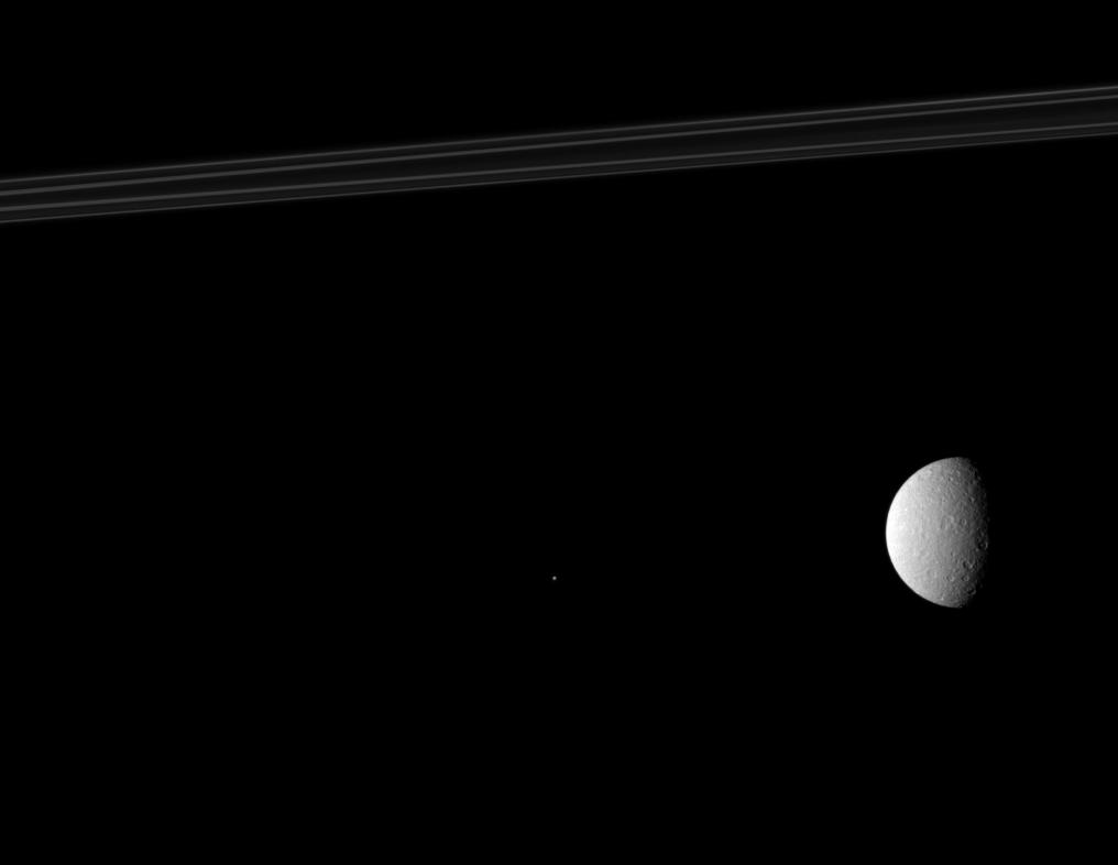 Saturn's Rings, Rhea and Telesto 