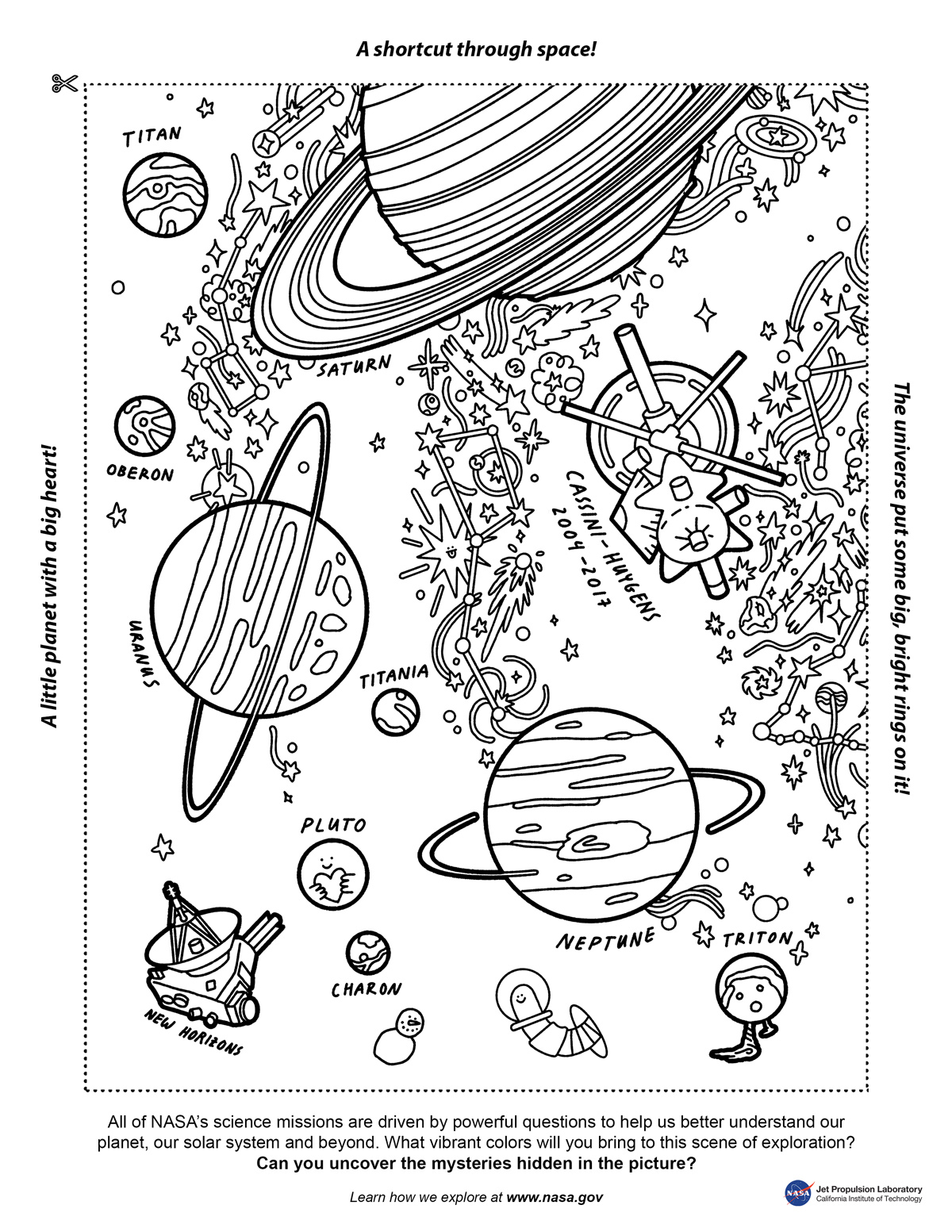 coloring page featuring Saturn, Uranus, Neptune, some of their moons, and the Cassini-Huygens and New Horizons spacecraft