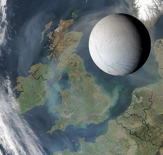Saturn's moon Enceladus is only 505 kilometers (314 miles) across, small enough to fit within the length of the United Kingdom, as illustrated here.