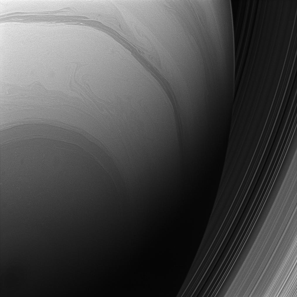 The Cassini spacecraft looks upward at the swirling clouds of Saturn's southern hemisphere.