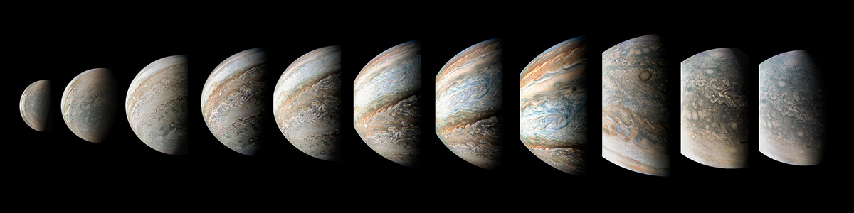 This sequence of color-enhanced images shows how quickly the viewing geometry changes for NASA's Juno spacecraft as it swoops by Jupiter.