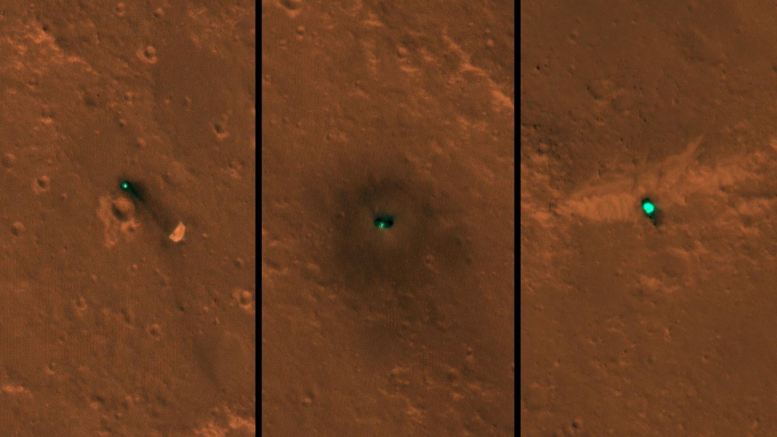 three views of hardware on the surface of mars as seen from above