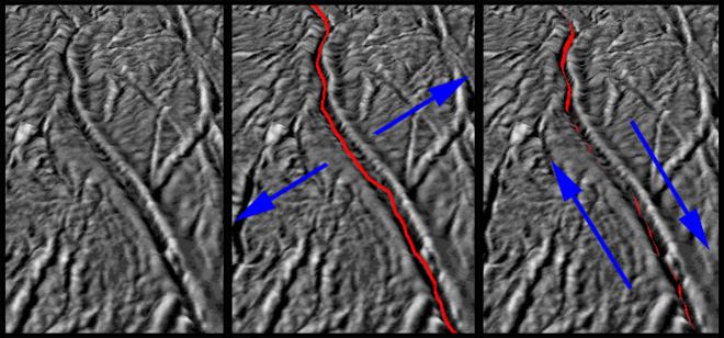 These images, based on ones obtained by NASA's Cassini spacecraft, show how the pull of Saturn's gravity can deform the surface of Saturn's moon Enceladus in the south polar region crisscrossed by fissures known as "tiger stripes."