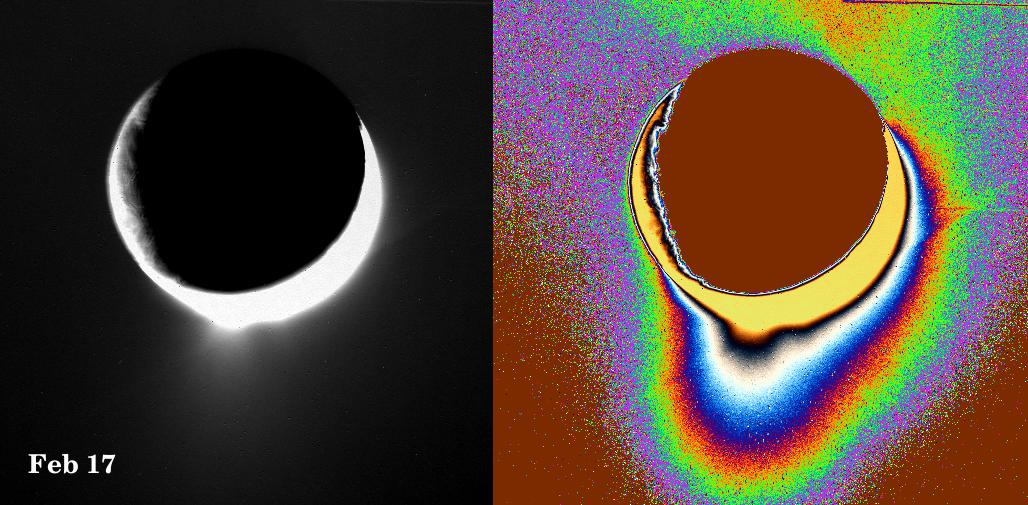 Two views of Enceladus: left shows 'natural' color; right shows a color-coded version