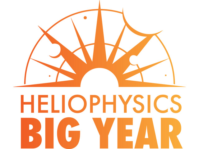 Half a sunburst with two half circular orbits around.  Text: Heliophysics Big Year