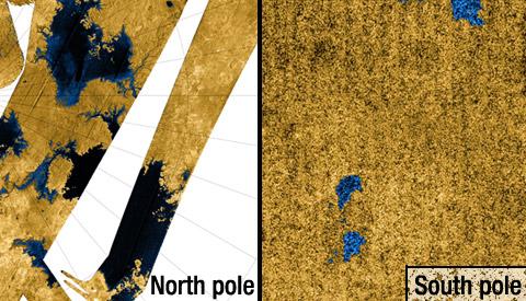 Side by side views of Titan's North and South pole regions.