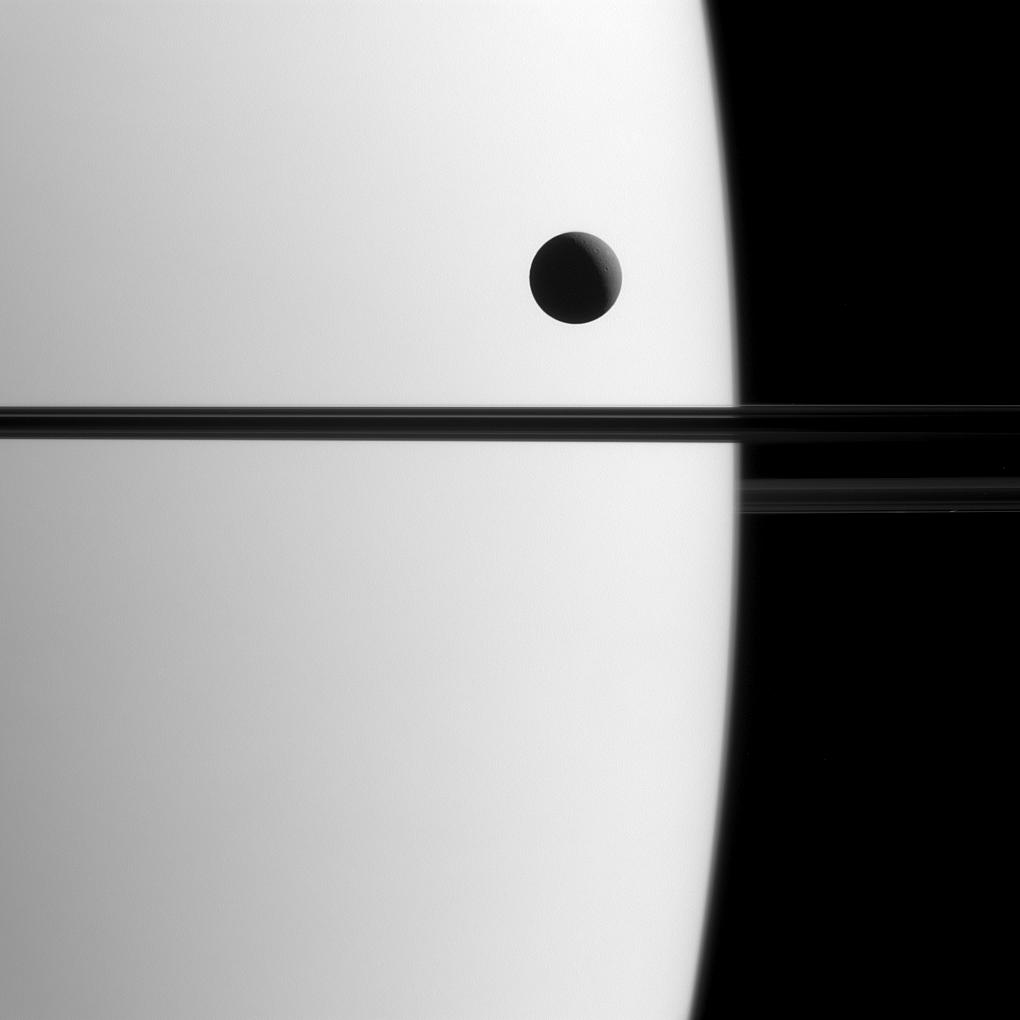Saturn's moon Dione crosses Saturn