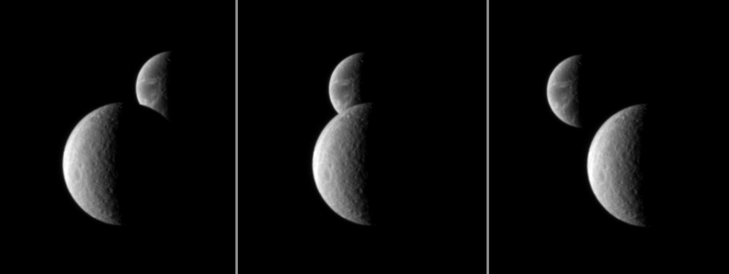 Three views of Saturn's moon Rhea as it passes in front of Dione, as seen from the Cassini spacecraft.
