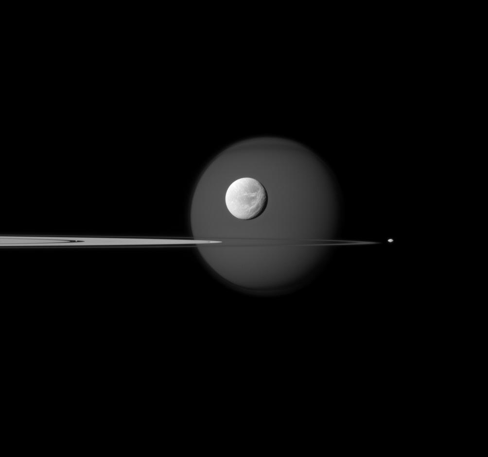 Saturn's rings, Dione, Pan, Pandora and Titan