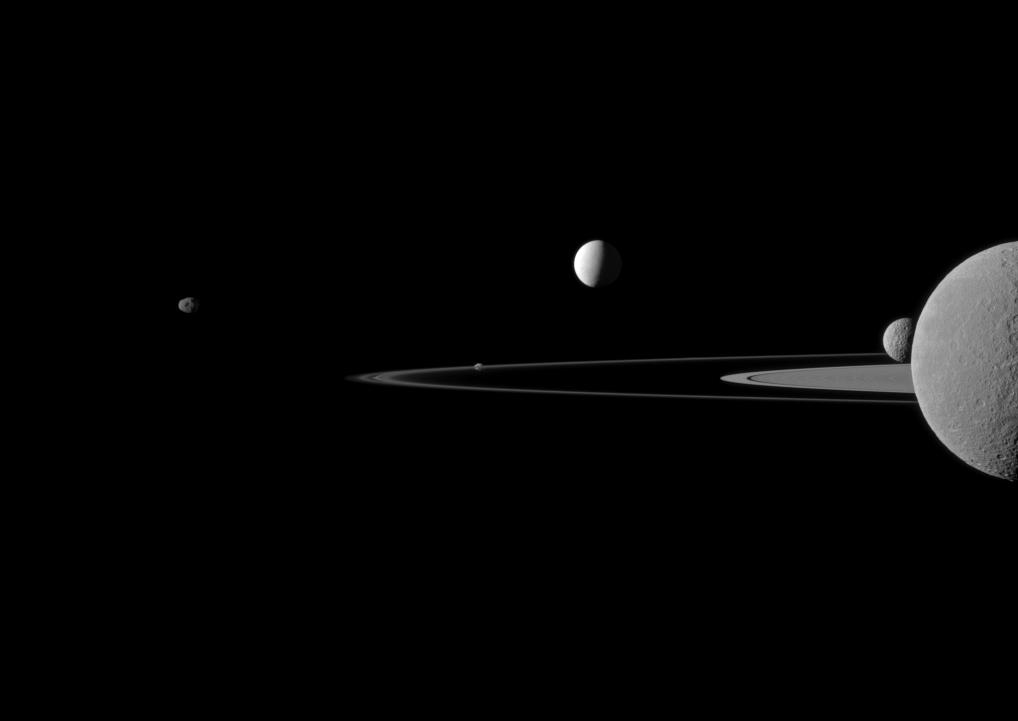 A quintet of Saturn's moons come together in the Cassini spacecraft's field of view for this portrait.