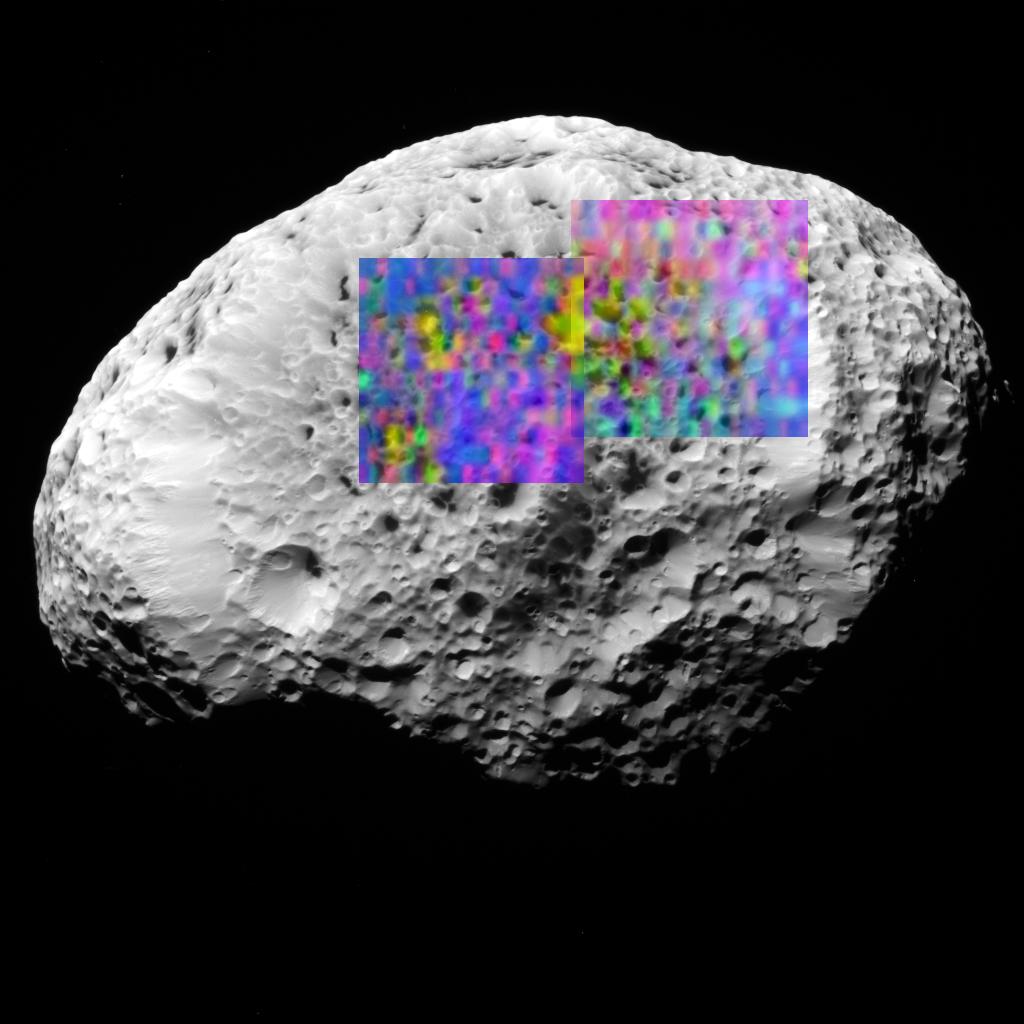 A color map showing the composition of a portion of Hyperion's surface determined with the Visual and Infrared Mapping Spectrometer