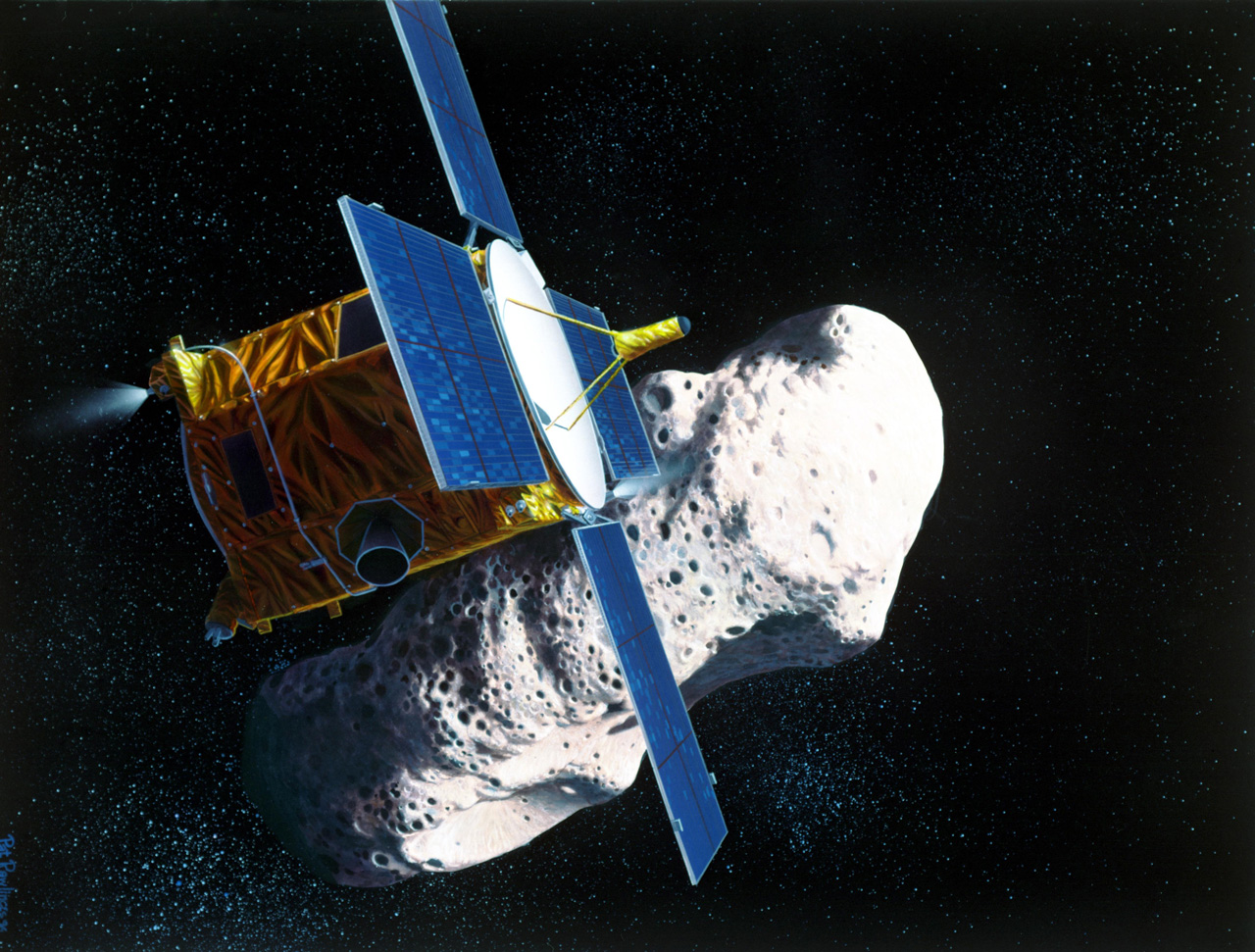 Spacecraft with asteroid in background.