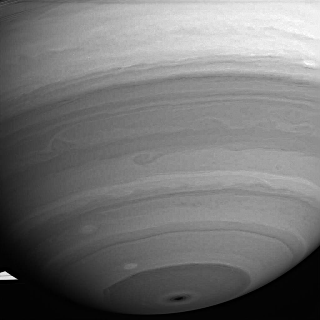 This image shows an infrared view of Saturn's southern hemisphere