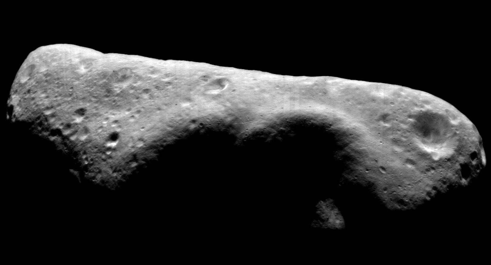 Black and white photo of asteroid Eros
