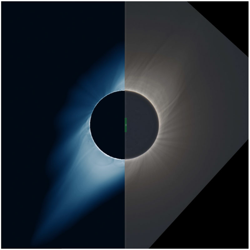 Composite image of a total solar eclipse with left half streamers coming out in blue on a black background and the right half streamers coming out in white on a grey background.