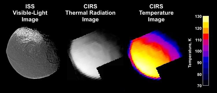 Image shows Iapetus in visible light, thermal radiation and color-coded heat.