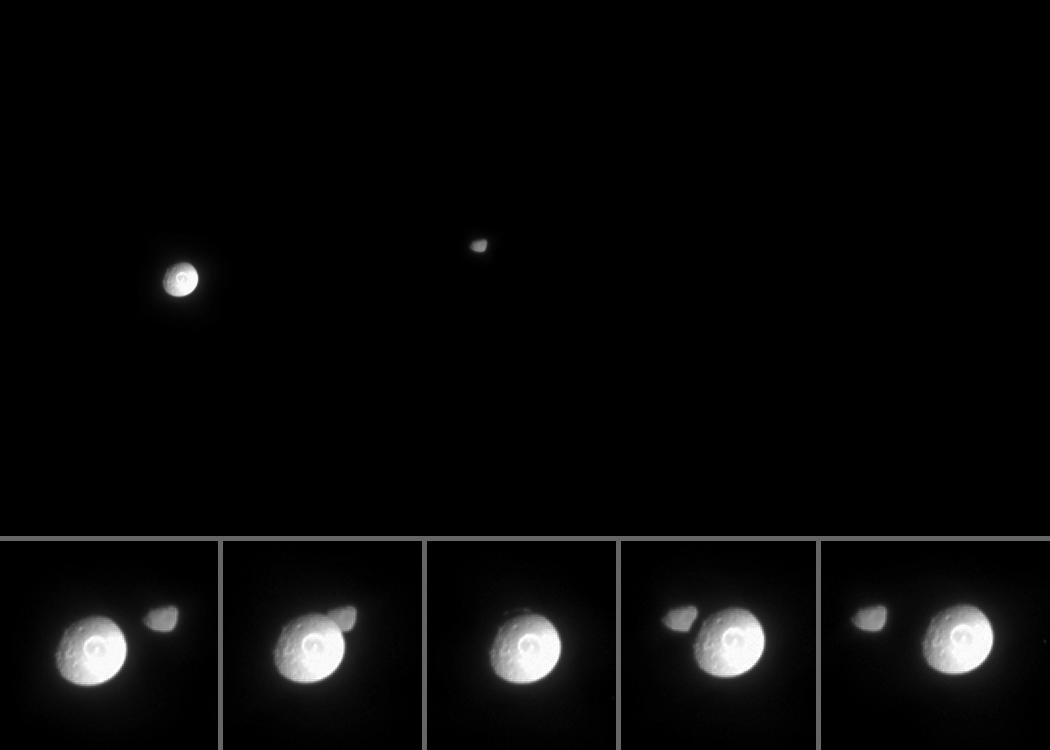 This movie was created from 37 original images taken over the course of 20 minutes as the spacecraft's narrow-angle camera remained pointed toward Janus. Although Mimas moves a greater distance across the field of view, Janus also moved perceptibly during this time. The images were aligned to keep Janus close to the center of the scene. Additional frames were inserted between the 37 Cassini images in order to smooth the appearance of Mimas' movement -- a scheme called interpolation. Close-up images from the few minutes surrounding the occultation are arranged into a strip along the bottom of the movie.