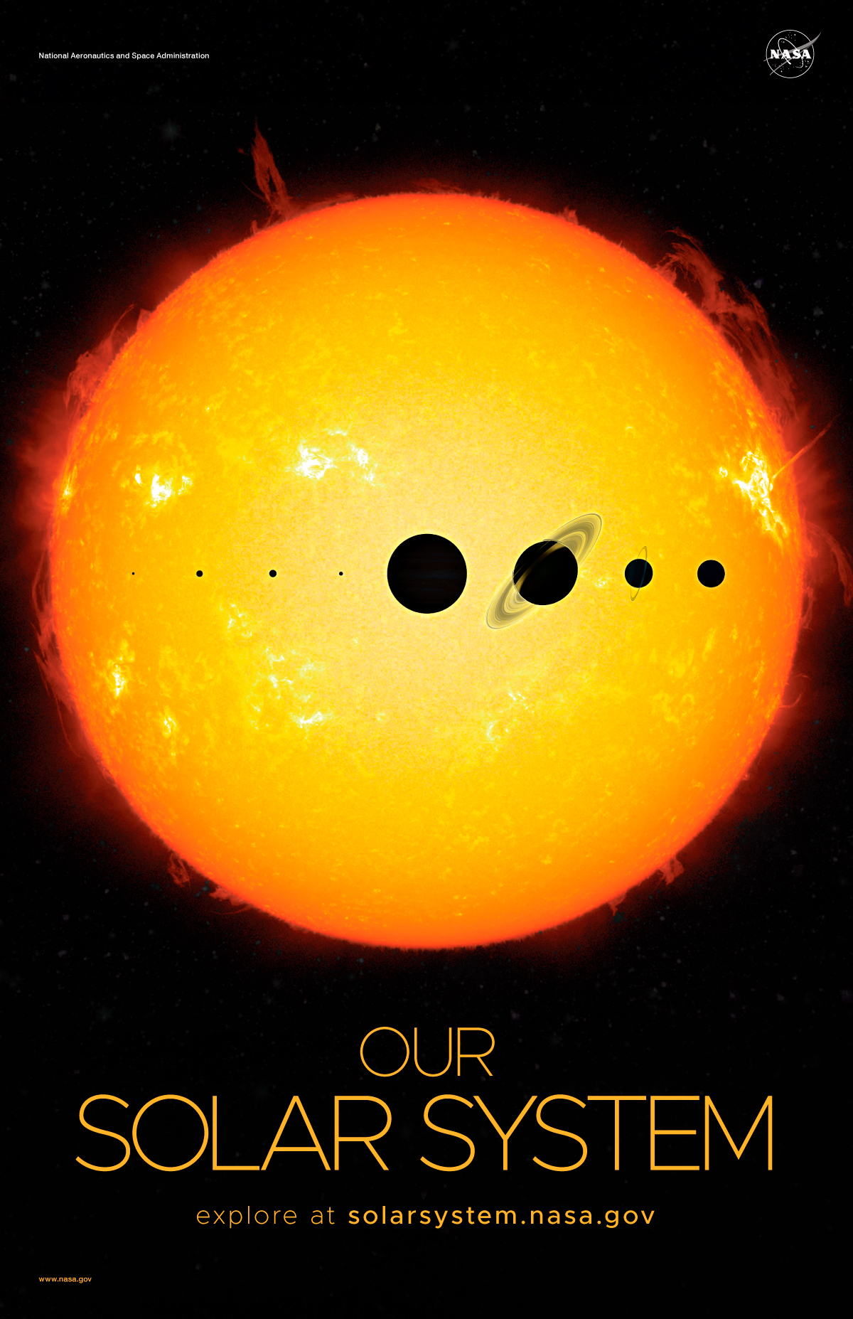 Artist's concept of eight planets in front of the Sun.