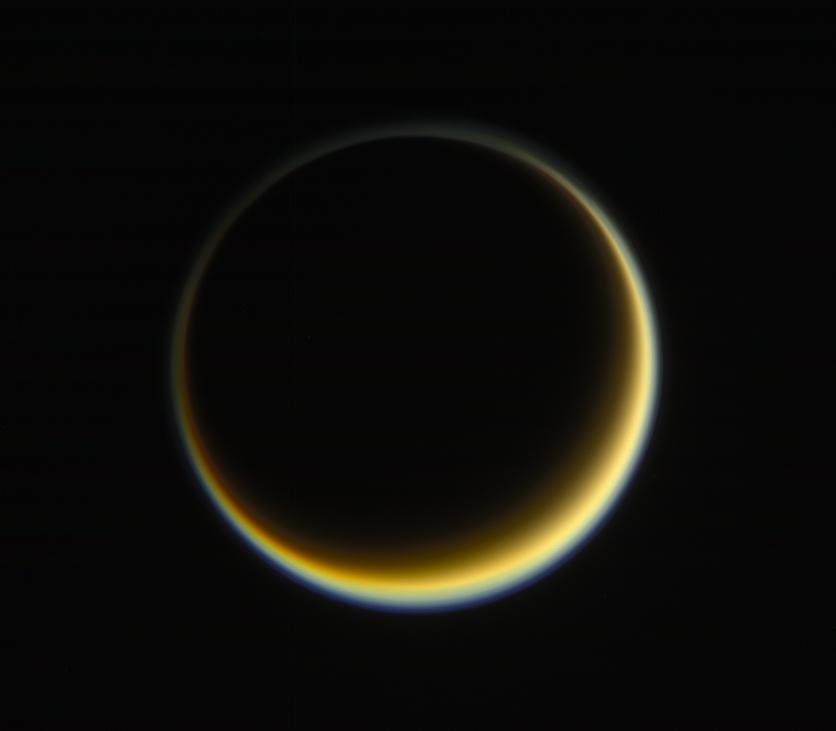 NASA's Cassini spacecraft looks toward the night side of Saturn's moon Titan in a view that highlights the extended, hazy nature of the moon's atmosphere.