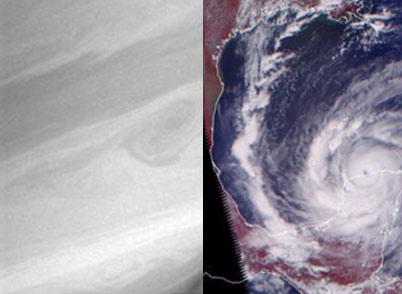 Side by side images. Left: close-up of Saturn. Right: a view of a hurricane on Earth from space.