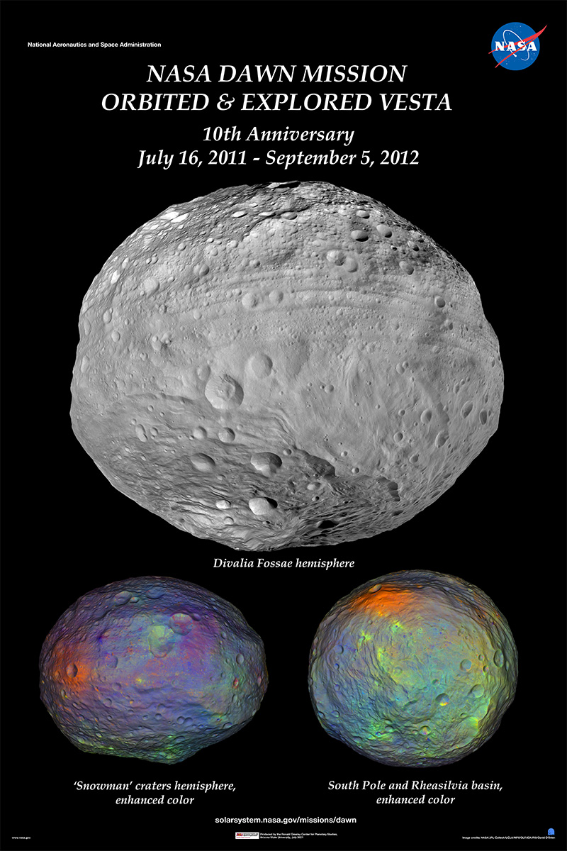 Affiche marquant le 10e anniversaire de la mission de Dawn sur l'astéroïde Vesta