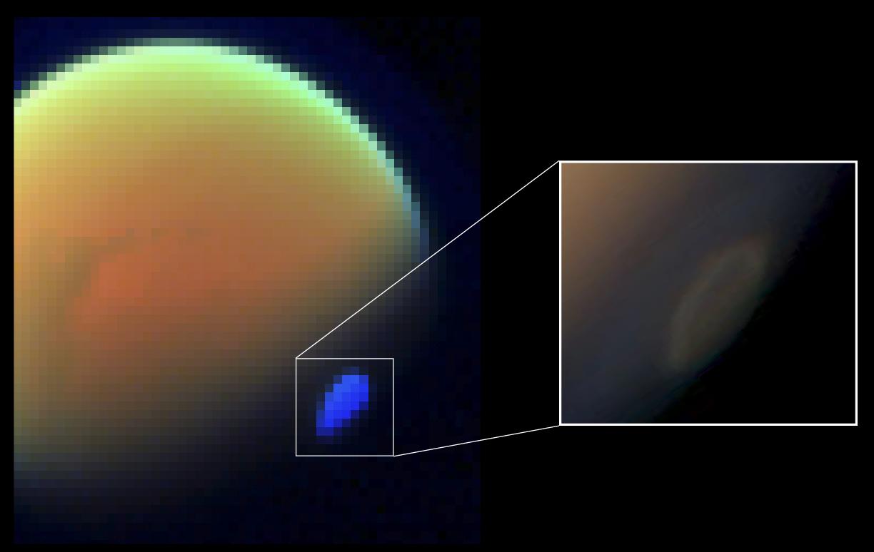 These two views of Saturn's moon Titan show the southern polar vortex