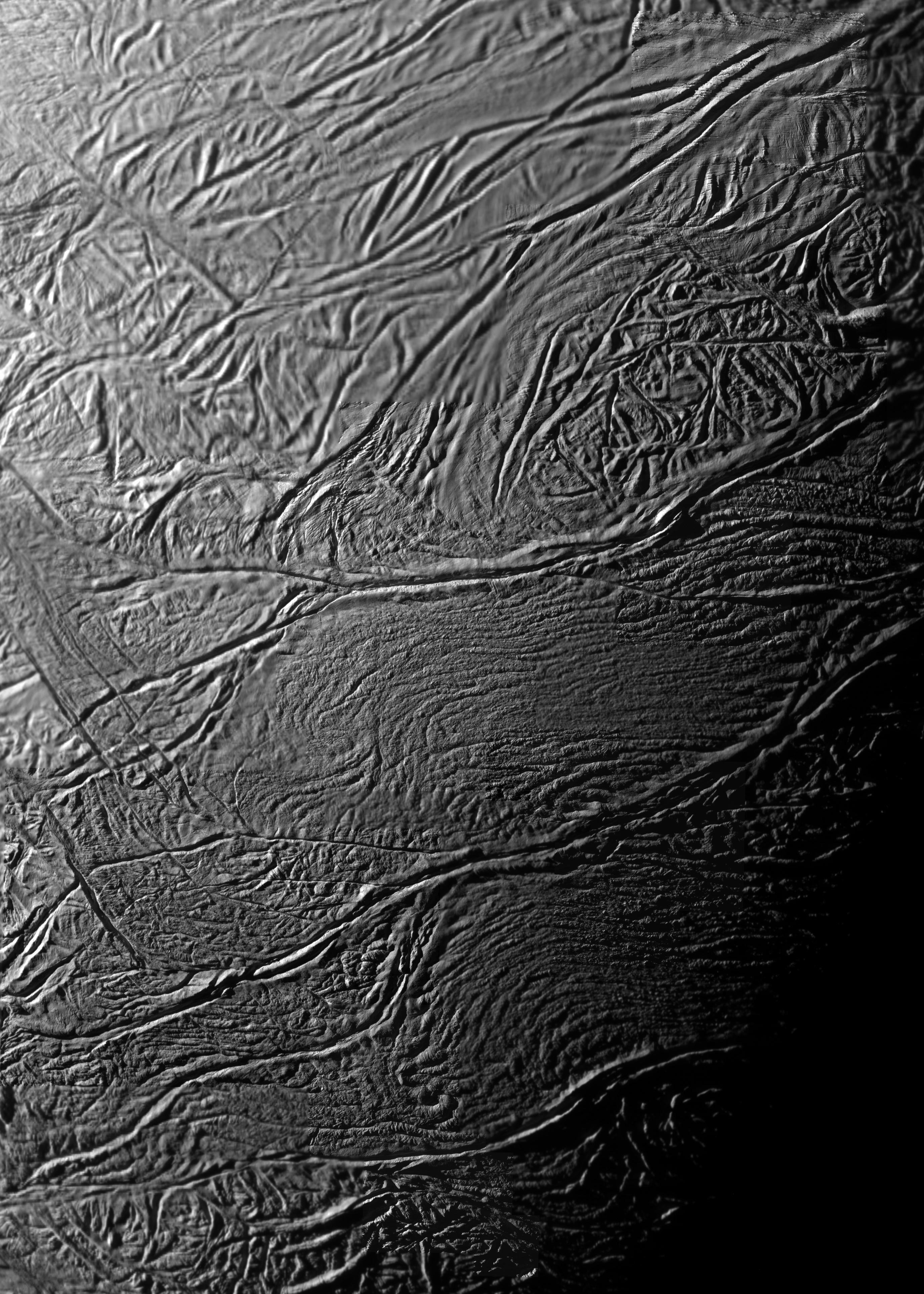 This clear filter mosaic includes all of the skeet-shoot images overlain on images acquired at lower resolution of regions near Damascus, Baghdad and Cairo Sulci.