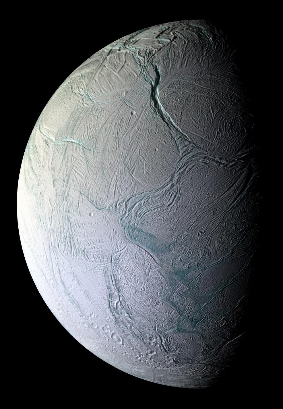 Craters and cratered terrains are rare in this view of the southern region of the moon's Saturn-facing hemisphere.