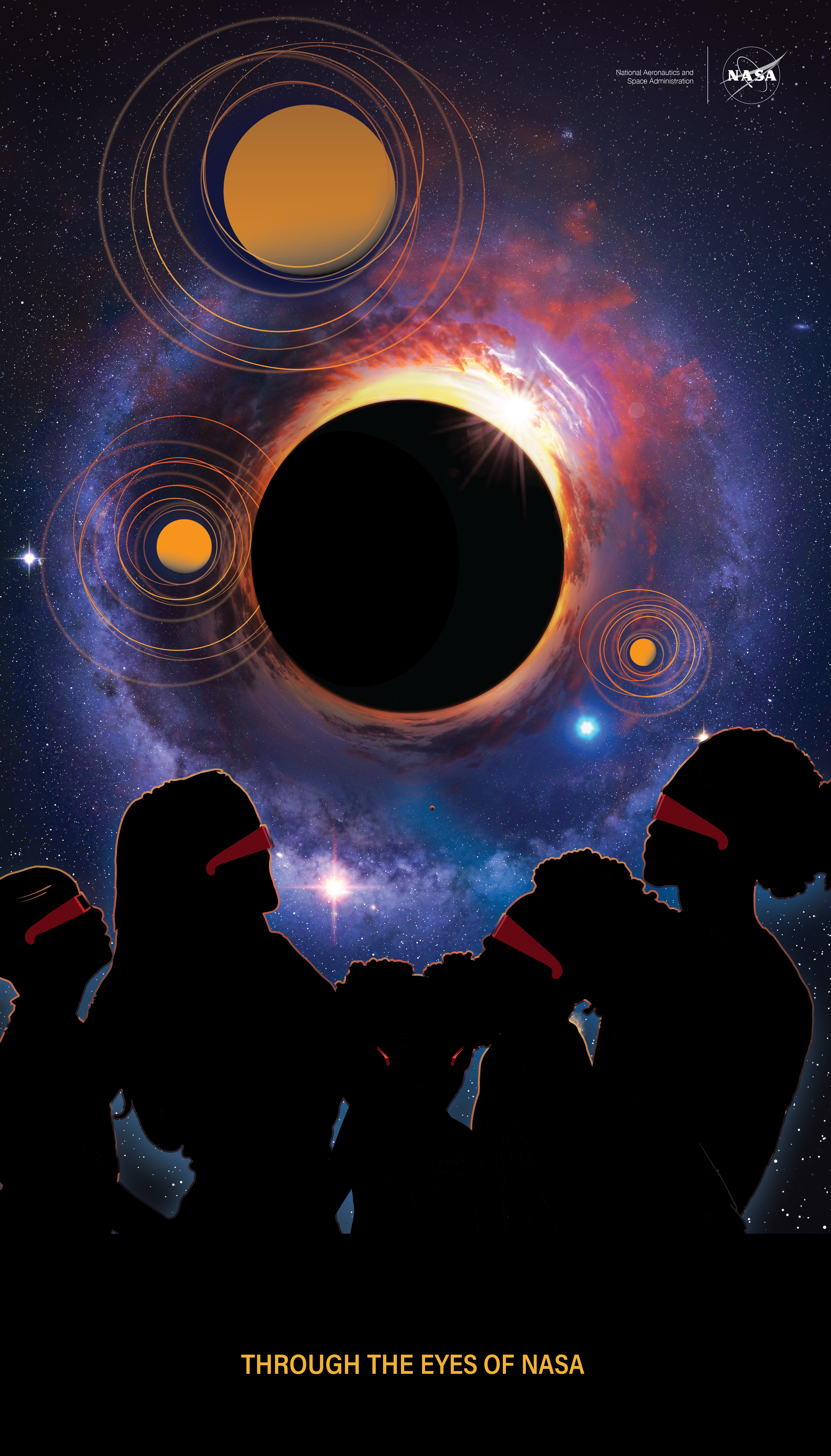 A black starry sky fills the edges of the poster. Closer toward the middle of the posters is a blue area resembling a cloudy galaxy. In the middle, a large black circle covers most of a bright yellow Sun – an eclipse. On the top right of the circle, some of the Sun peeks out. Three golden, solid circles, surrounded by thin orange circular lines are scattered around the middle eclipse. At the bottom of the poster, 5 people, varying in age, wear eclipse glasses and look up toward the eclipse.