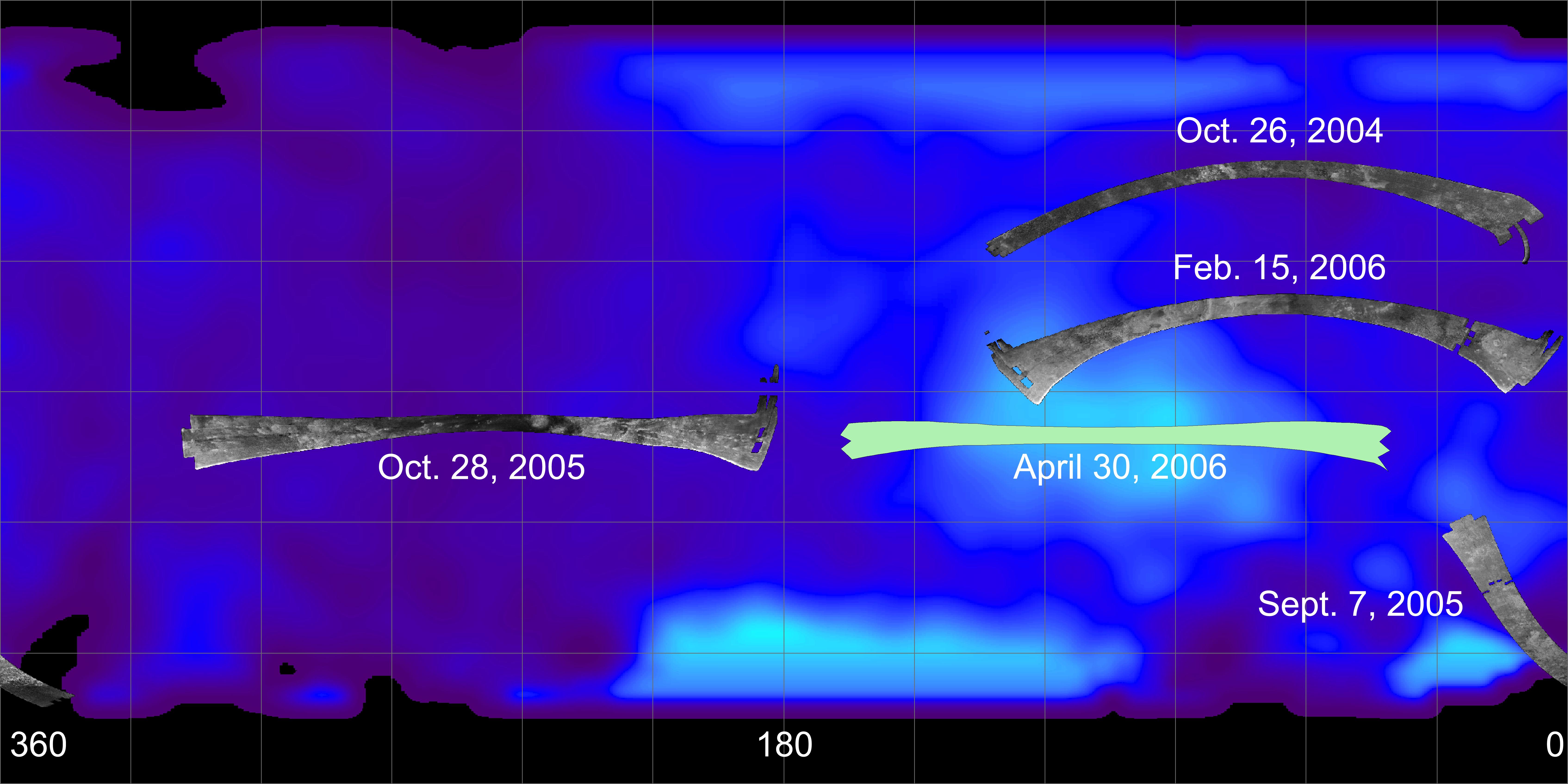 This annotated map shows the location of the upcoming April 30, 2006, Titan flyby and the areas mapped so far by Cassini