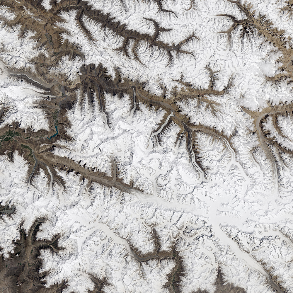 Satellite image of glaciers intersecting with river