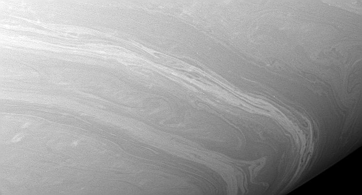 a closeup of Saturn's turbulent atmosphere