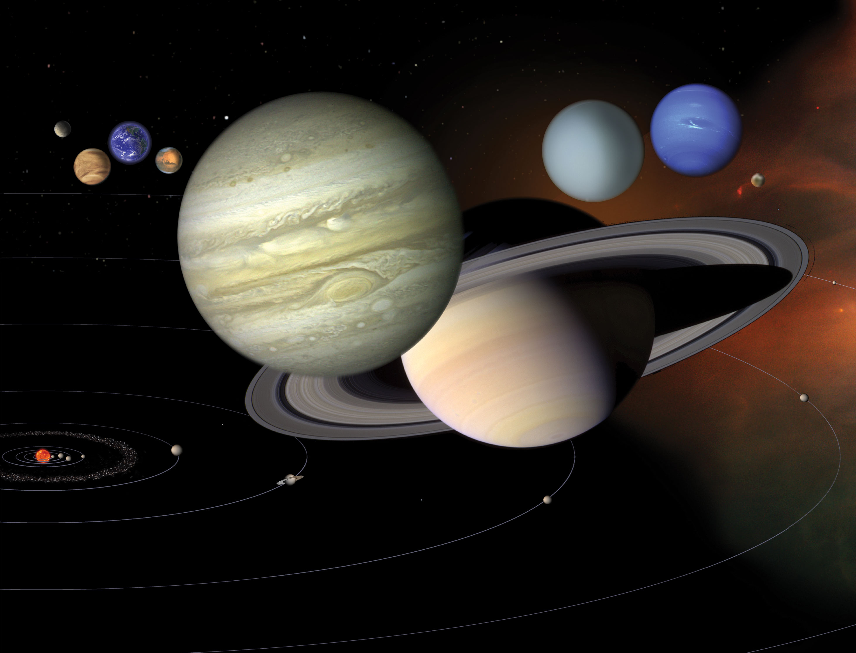 Illustration of the planets of our solar system lined up with each other.