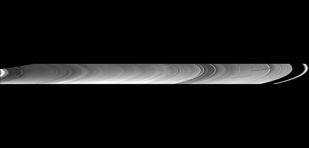 New insights into the nature of Saturn’s rings are revealed in this panoramic mosaic of 15 images taken during the planet’s August 2009 equinox.