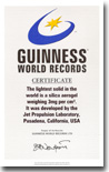 Guinness World Record Official Certificate stating that JPL's Aerogel is lightest in the world.