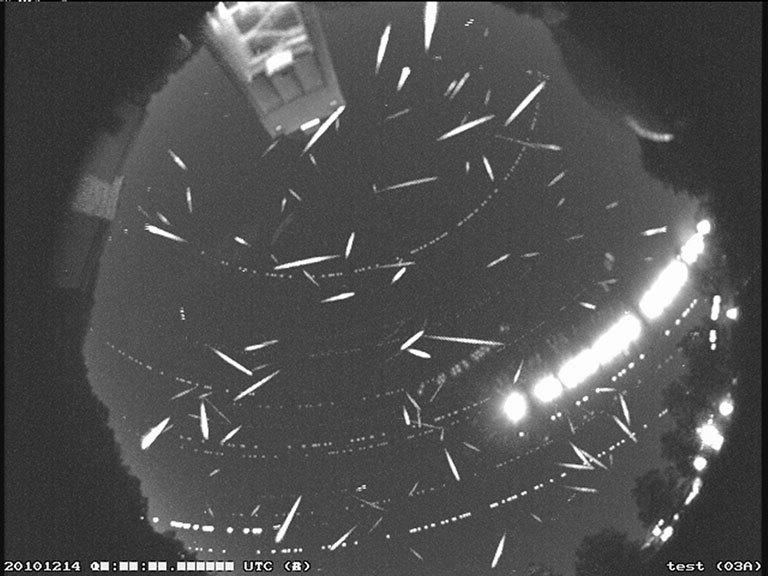 Dozens of meteors crossing the sky.