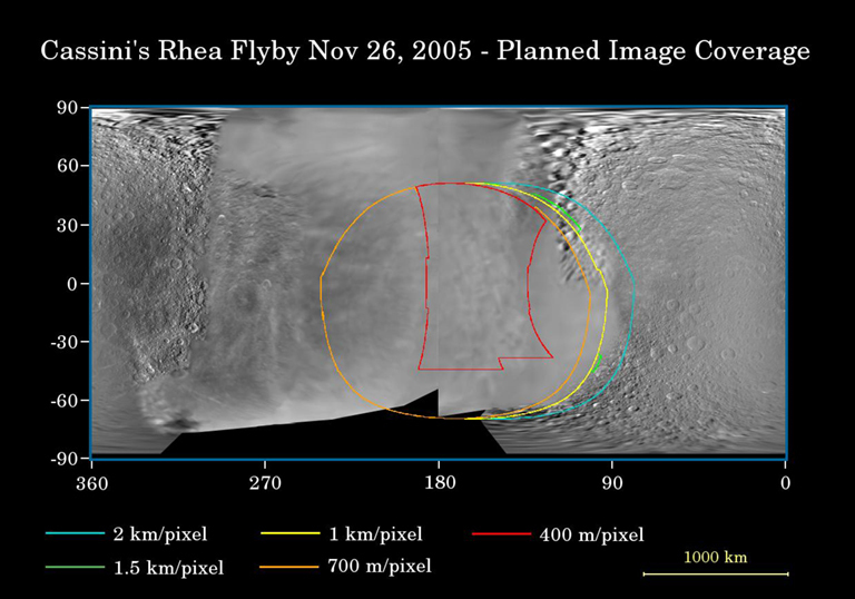 
	This map of the surface of Saturn's moon, Rhea, illustrates the regions that will be imaged by Cassini during the spacecraft's close flyby of the moon on Nov. 26, 2005. At closest approach, the spacecraft is expected to pass approximately 500 kilometers (310 miles) above the moon's surface. 