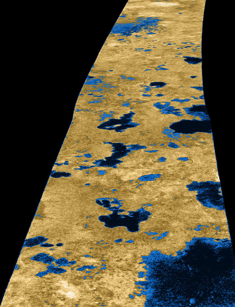 A Cassini flyby on Jul. 22, 2006 shows "Liquid Lakes on Titan." The lakes, darker than the surrounding terrain, are emphasized here by tinting regions of low backscatter in blue.