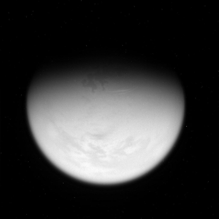 This view of Titan taken on Feb. 25, 2007, reveals a giant lake-like feature in Titan's North Polar Region. It is approximately 1,100 kilometers (680 miles) long and has a surface area slightly smaller than that of Earth's largest lake, the Caspian Sea.