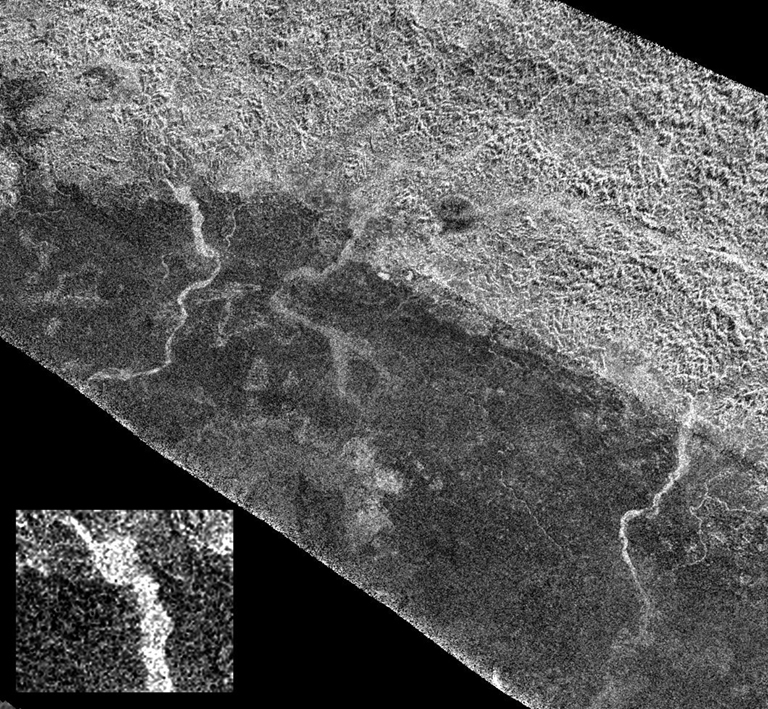 On the final flyby of Cassini's original four-year tour, its radar mapper captured these unusual channels on Titan at the edge of Xanadu, the widest seen in this area.