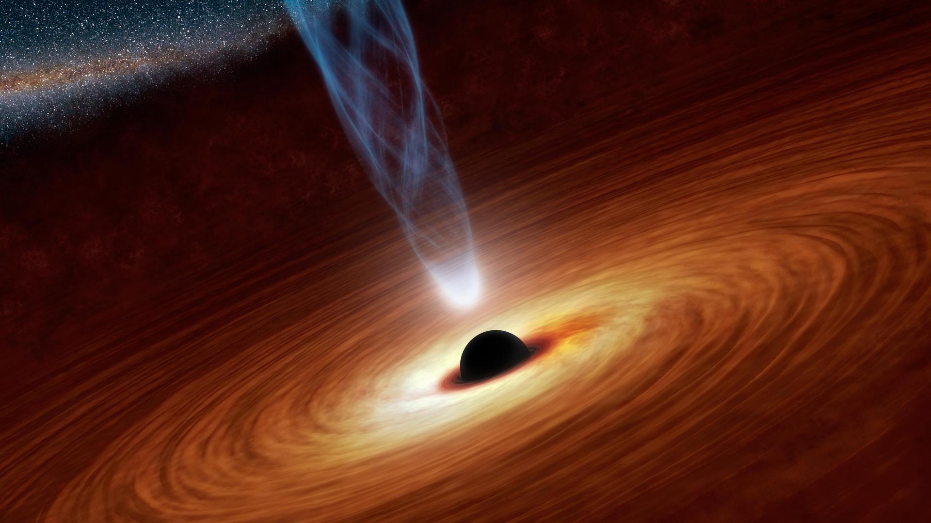 spherical black hole surrounded by swirling disc of material