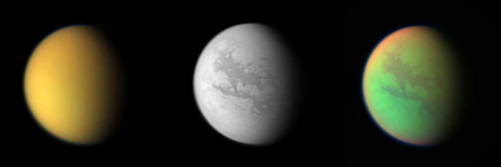 Trio of full disc views showing both interior how different spectrums can reveal feature's under Titan's perpetual clouds.