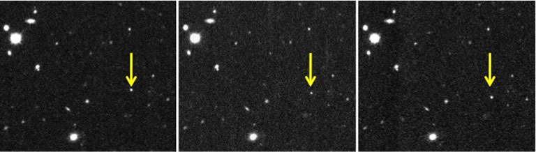 These images show the discovery of 2012 VP113 taken about 2 hours apart on Nov. 5, 2012. The motion of 2012 VP113 stands out compared to the steady state background of stars and galaxies.

Credits: Scott Sheppard/Carnegie Institution for Science